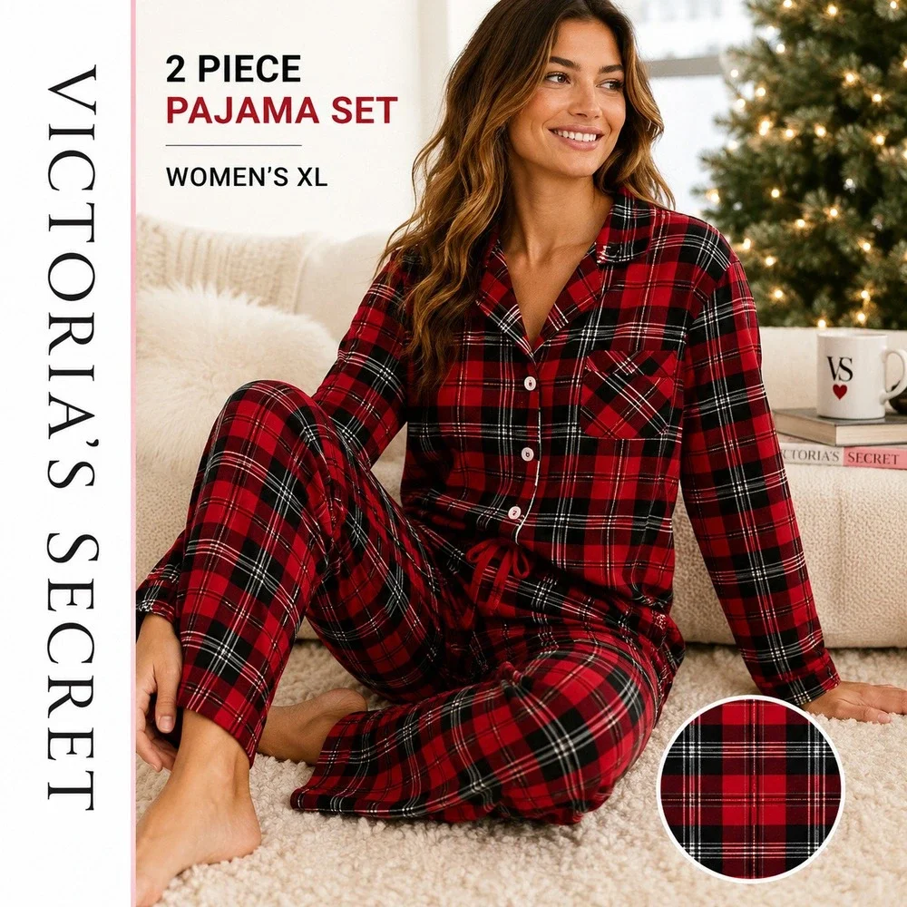 Victoria's Secret Pajamas Women XL Short Red Plaid 2 Piece Set Metallic Sparkle